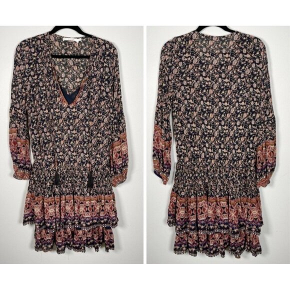 ASTR The Label Balloon Sleeve Printed Tiered Midi Chiffon Dress Brown Sz L #1523 - Picture 13 of 16